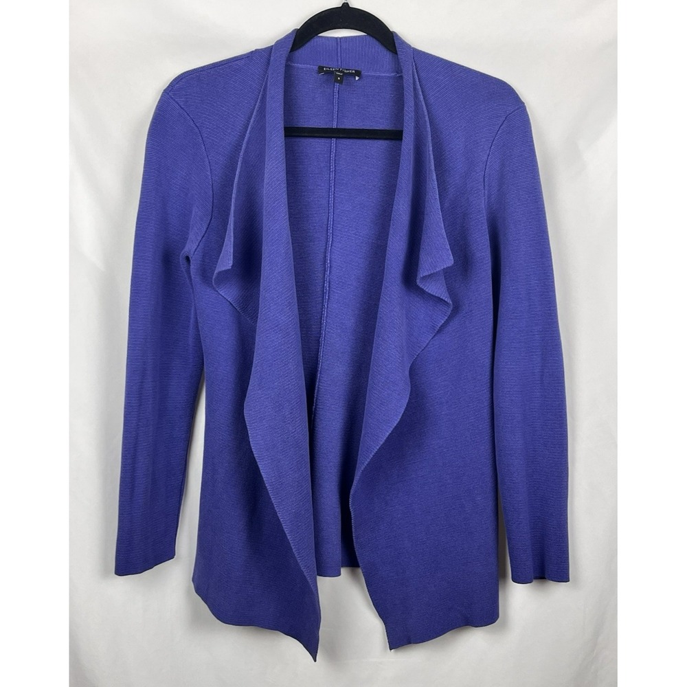 Eileen Fisher Silk Blend Interlock Open Front Cardigan Jacket S Iris Purple